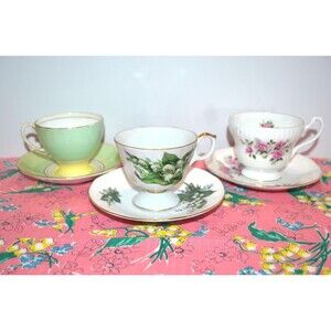 Vintage Teacups for Three Royal with Saucers